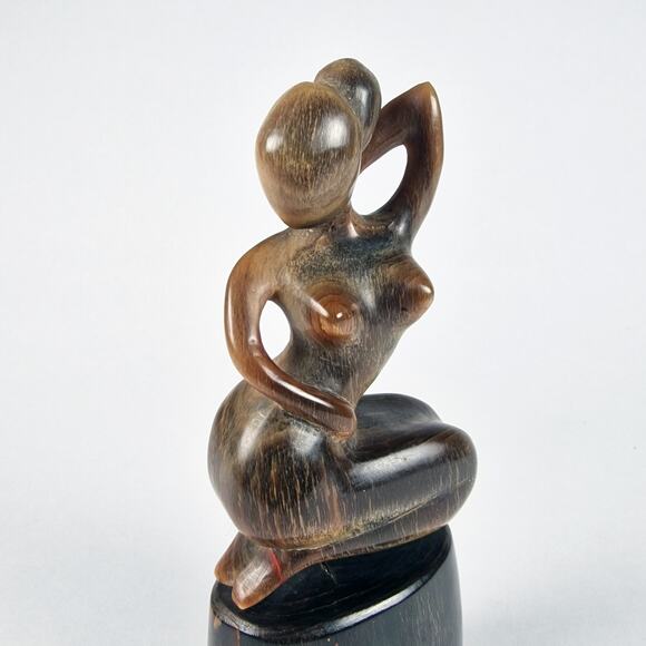 Hand Carved Kneeling Lady Figurine Mid Century Nude Sculpture Ox Horn Indonesian - Picture 5 of 8